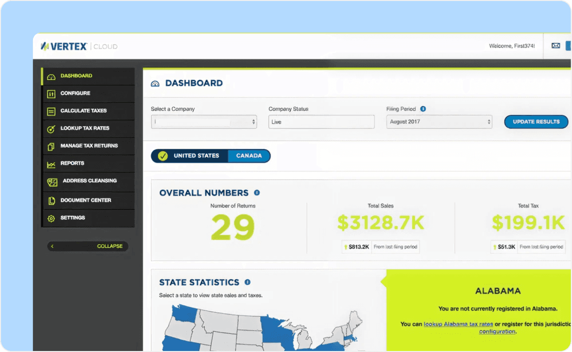 Vertex tax automation dashboard