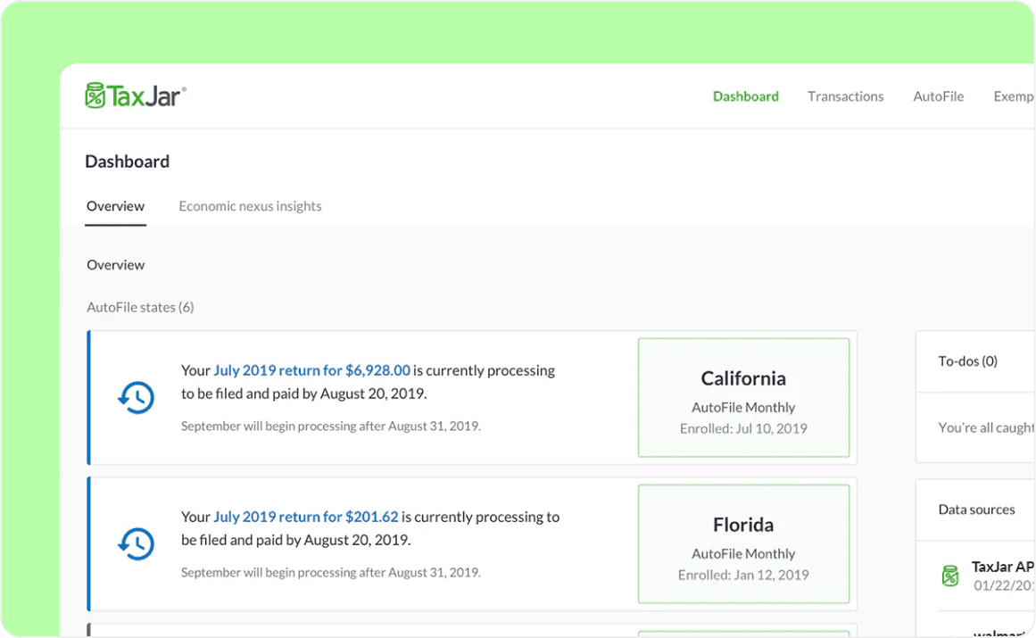 TaxJar sales tax dashboard