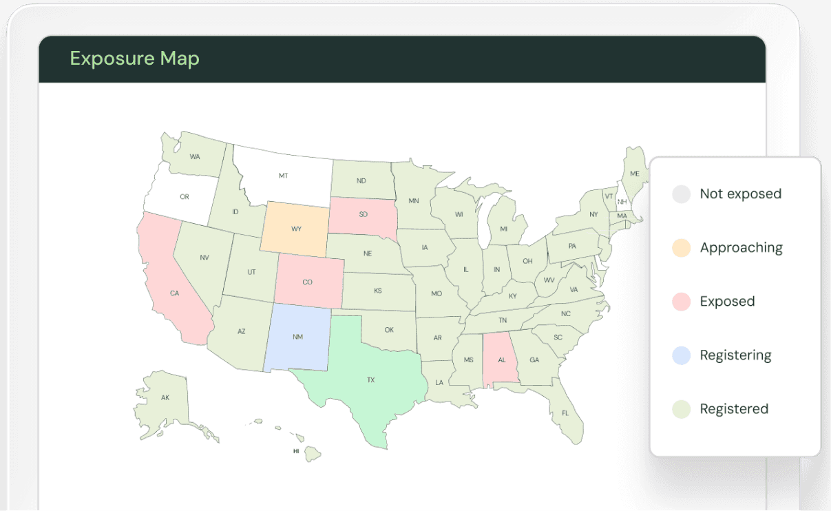Exposure map of US states color-coded as not exposed, approaching, exposed, registering, or registered