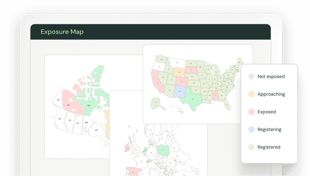 Kintsugi exposure map showing tax registration status across Canada, the US, and Europe