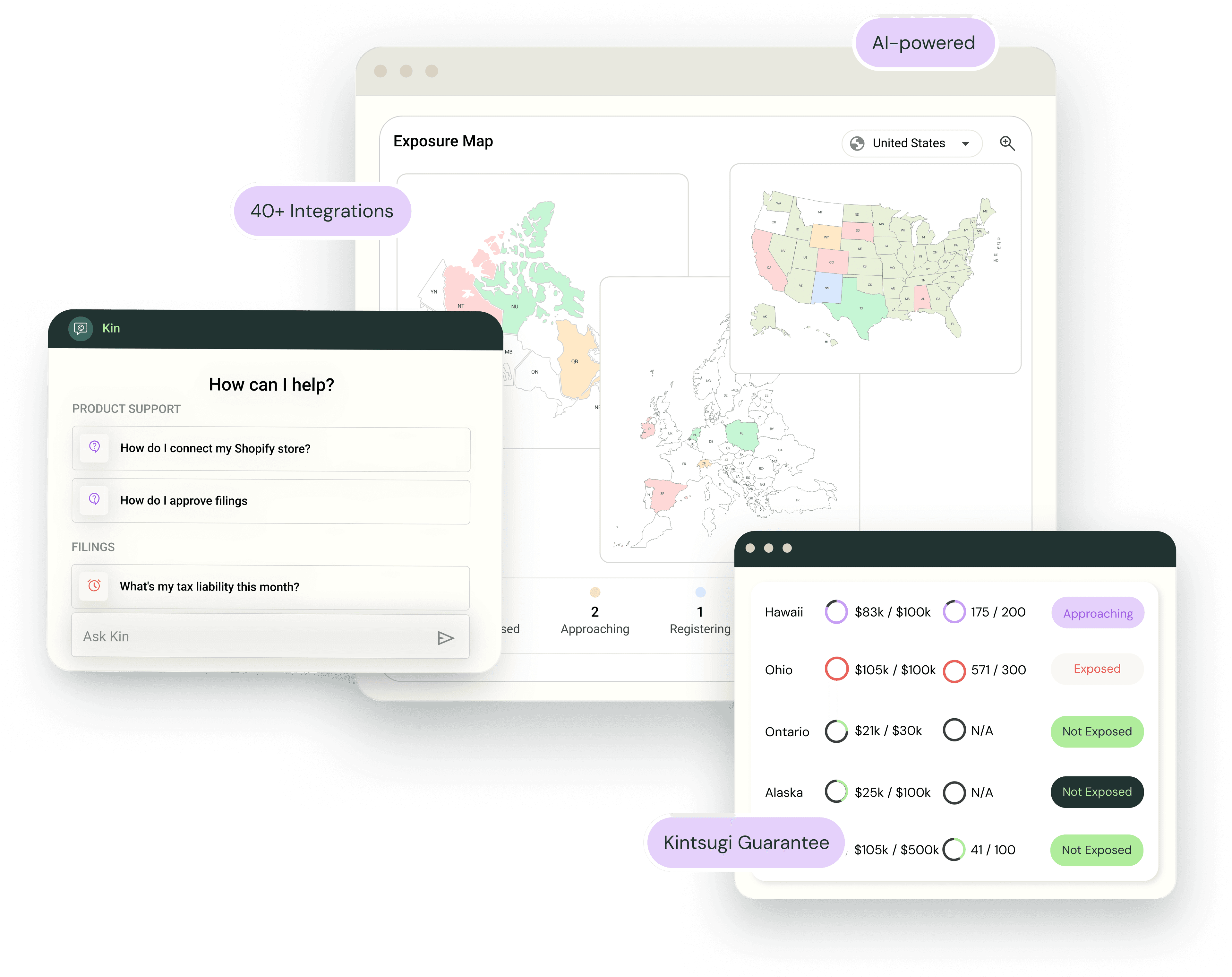 Kintsugi dashboard showing global exposure monitoring, Kin AI assistant, and compliance workflows