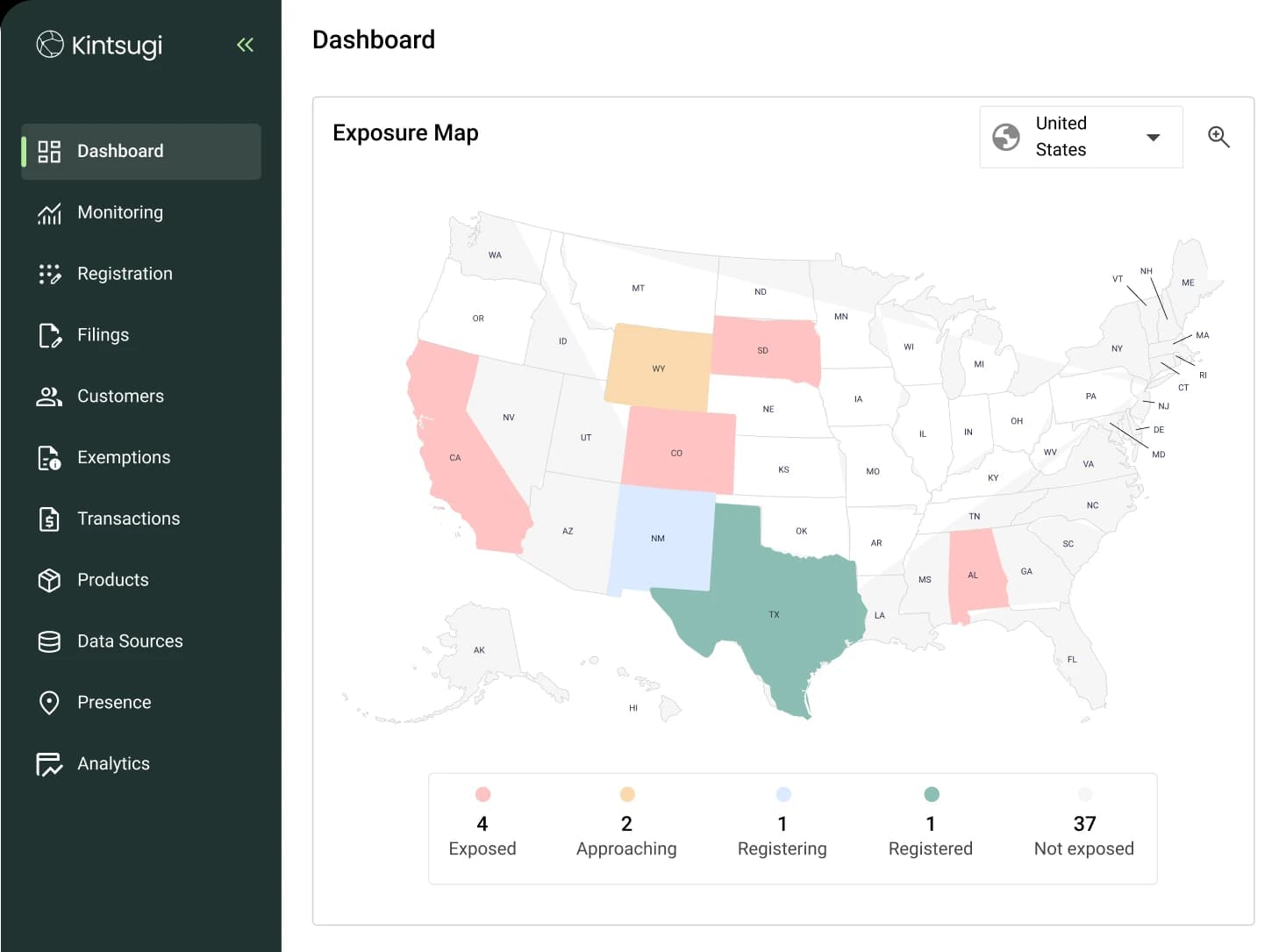 Kintsugi dashboard with the sidebar menu and the exposure map