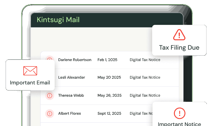 Kintsugi Mail inbox of digital tax notices with Important Email and Tax Filing Due alerts