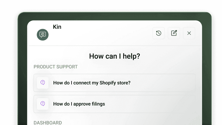 Kin assistant panel asking “How can I help?” with product-support quick questions