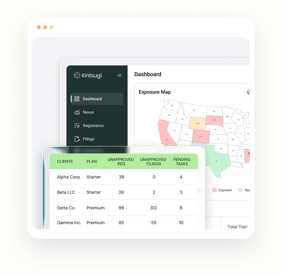 Kintsugi practice management dashboard showing an exposure map and a clients table with unapproved registrations, filings and pending tasks