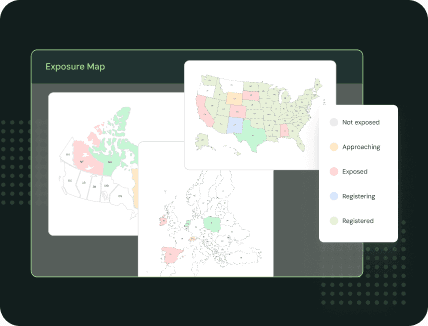 Kintsugi Exposure Map showing Canada, US, and Europe nexus status legend