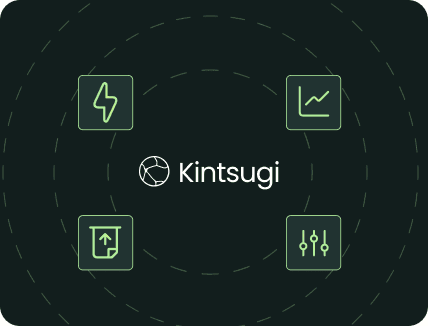 Kintsugi concentric circle diagram with a central globe mark and lightning, chart, sliders, and upload icons