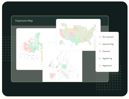 Exposure map showing sales tax registration status across US, Canadian, and European jurisdictions