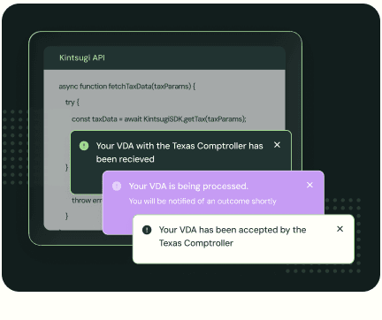 Kintsugi API code snippet with floating VDA status toasts for received, processing, and accepted