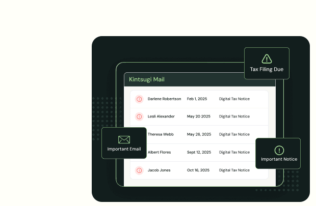 Kintsugi Mail inbox showing digital tax notices with Tax Filing Due, Important Email, and Important Notice callouts