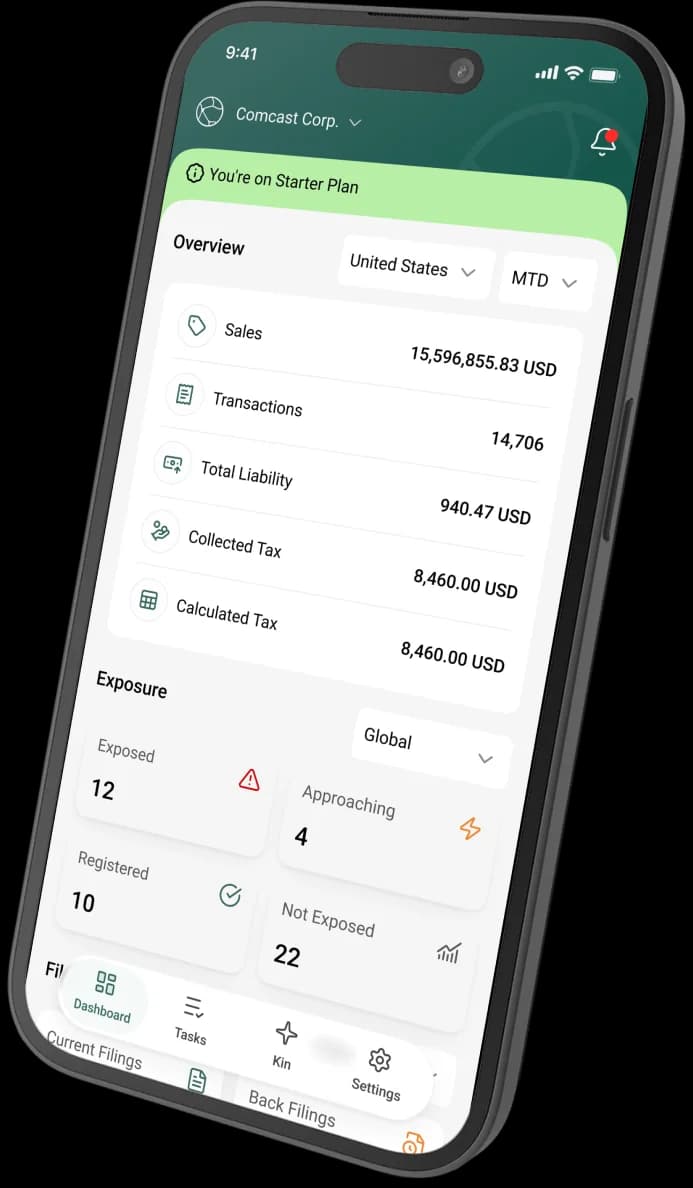 The Kintsugi mobile app dashboard showing sales, transactions, potential liability and exposure