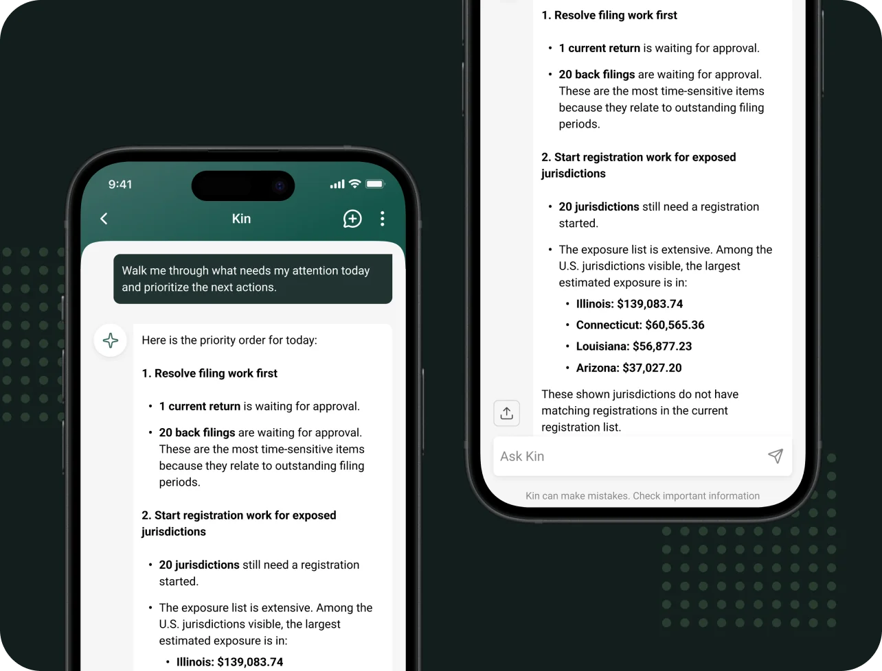 Kin in the Kintsugi app suggesting an order for today's filing and registration work
