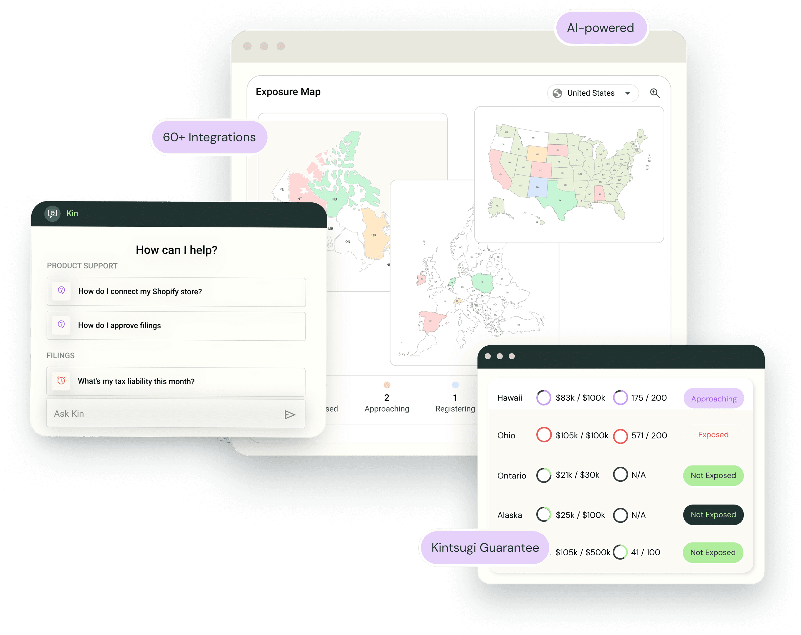 Kintsugi product UI showing exposure map, support chat, and integrations