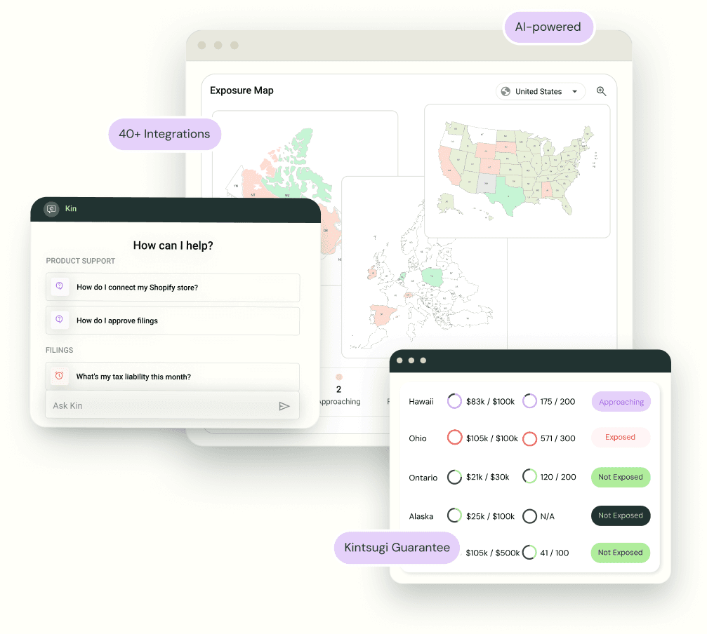 Kintsugi product UI showing exposure map, support chat, and integrations