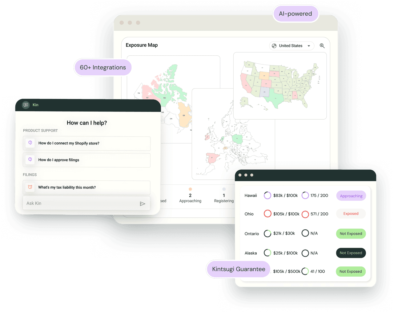 Kintsugi product UI showing exposure map, support chat, and integrations