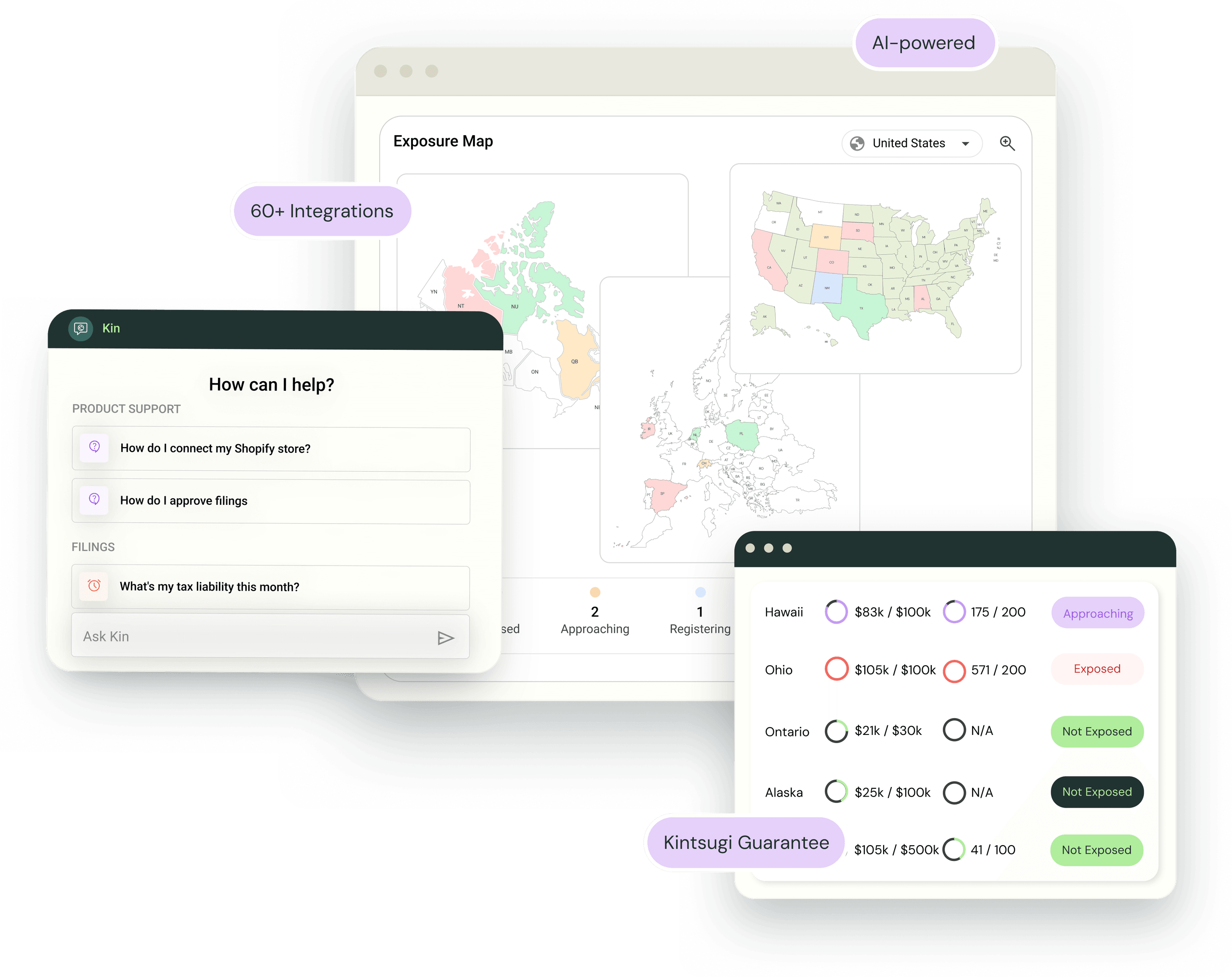 Kintsugi product UI showing exposure map, support chat, and integrations