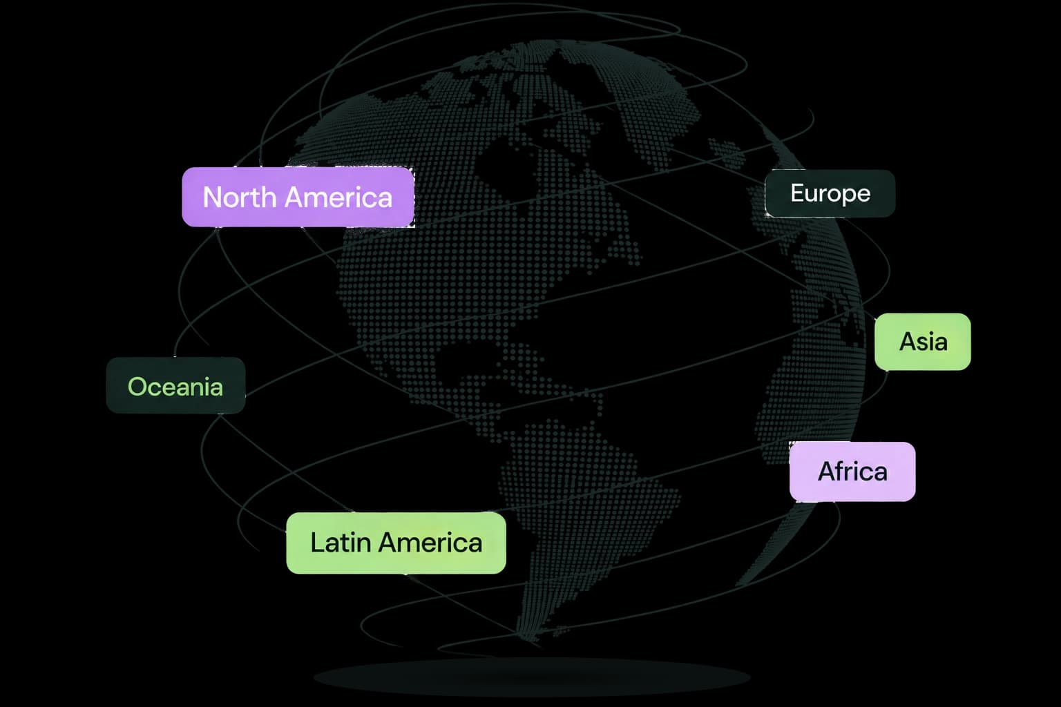 Globe with North America, Latin America, Europe, Africa, Asia, and Oceania labeled
