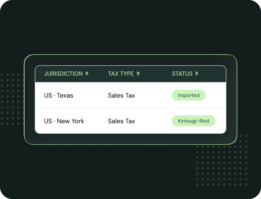 Registrations table: Texas sales tax imported, New York sales tax filed by Kintsugi