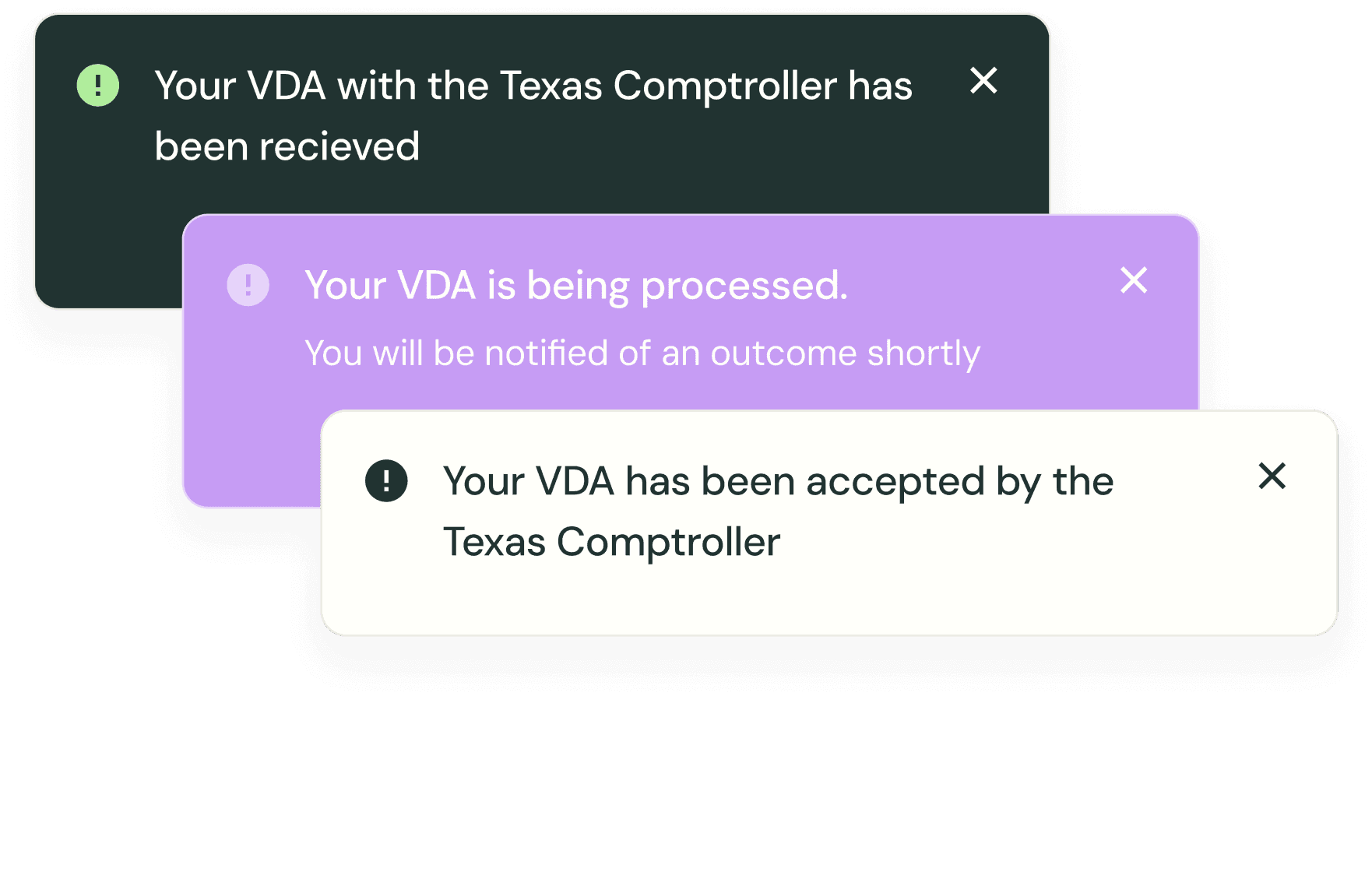Kintsugi notifications tracking a voluntary disclosure agreement with the Texas Comptroller from received, to processing, to accepted