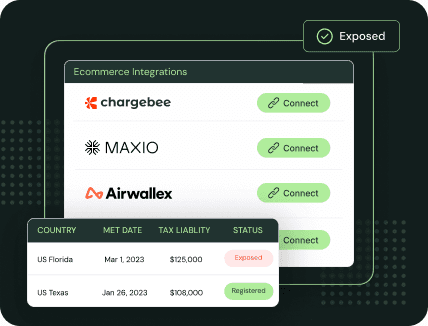 Kintsugi dashboard showing SaaS billing integrations and a nexus exposure table