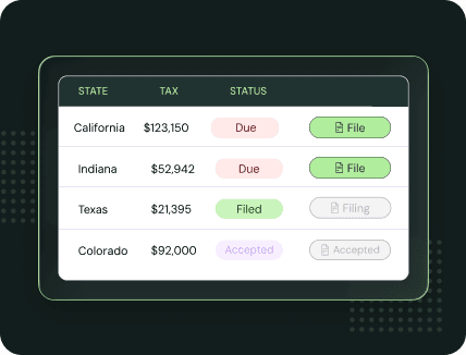 Kintsugi filing dashboard listing state tax liabilities and their filing status