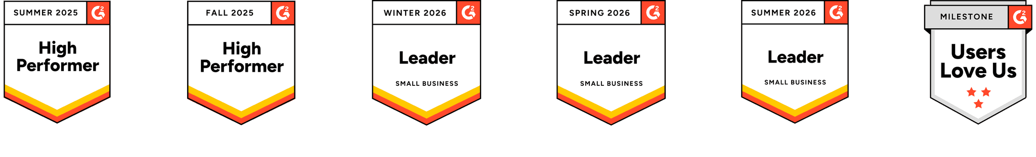 G2 awards: High Performer Summer 2025 and Fall 2025, Leader Small Business Winter, Spring and Summer 2026, and Users Love Us