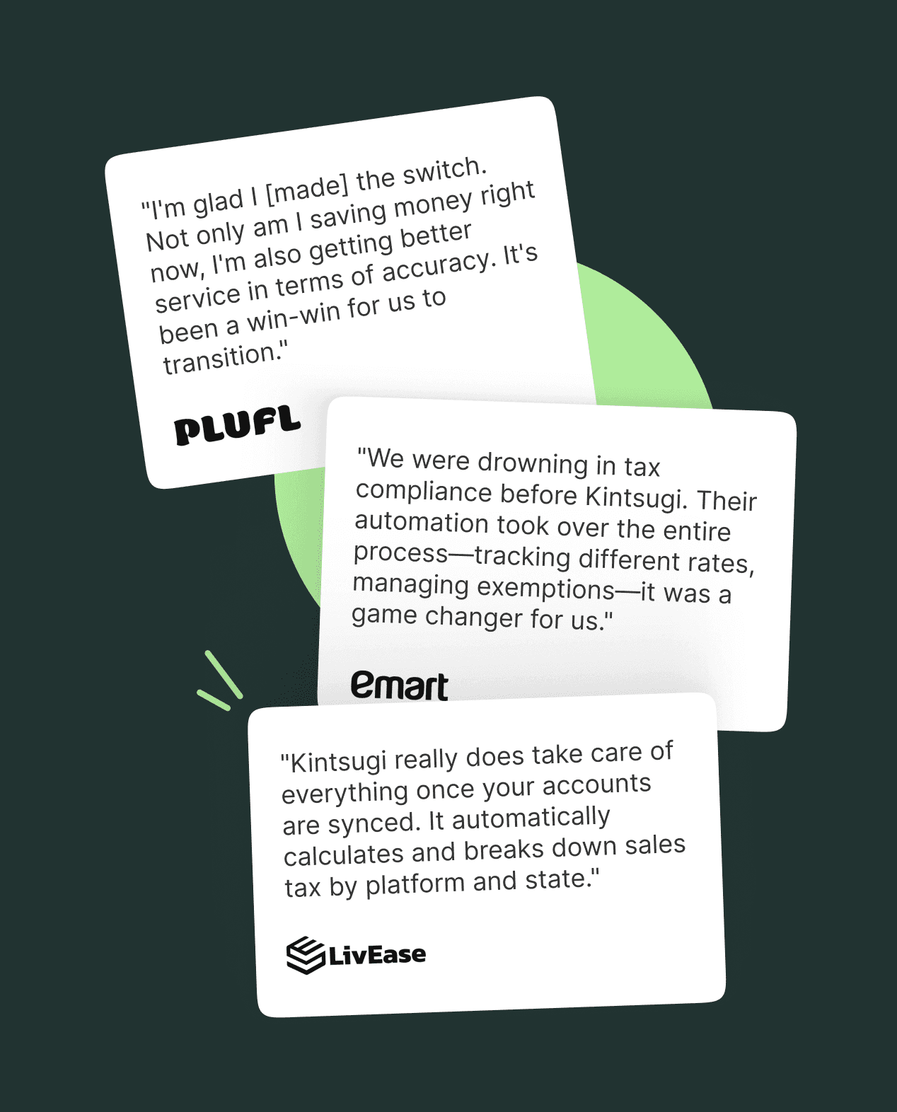 Customer testimonials from Plufl, Emart, and LivEase