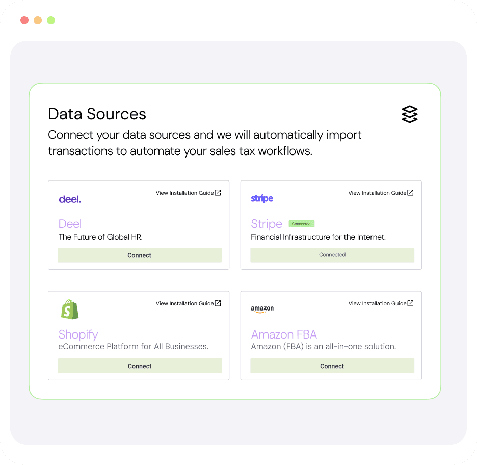 Data Sources panel showing Deel, Stripe, Shopify, and Amazon FBA integrations, with Stripe connected