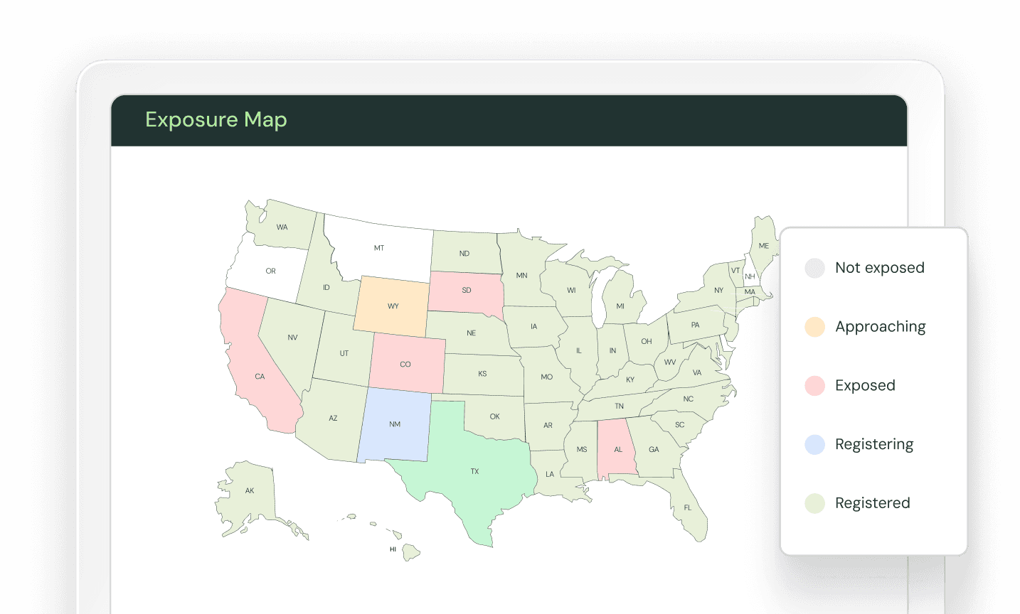 Kintsugi exposure map showing nexus status by state